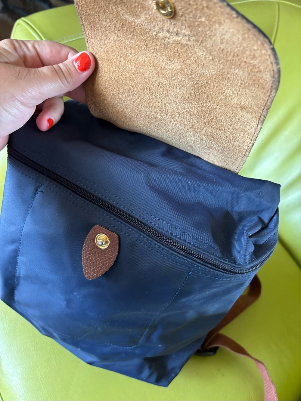 Longchamp Le Pliage 1699 Navy Blue Nylon Leather Backpack Brown - Picture 9 of 11